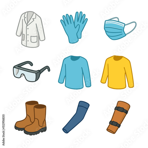 Protective Gear Icons. Isometric Flat icon set of Protective Clothing and Equipment: lab coat, nitrile gloves, face mask, safety