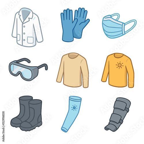 Protective Gear Icons. Isometric Flat icon set of Protective Clothing and Equipment: lab coat, nitrile gloves, face mask, safety