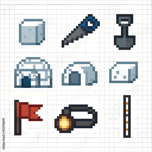 Igloo Building Tools Icons. Pixel art icon set of igloo building tools: block of snow, snow saw, shovel, igloo dome, doorway