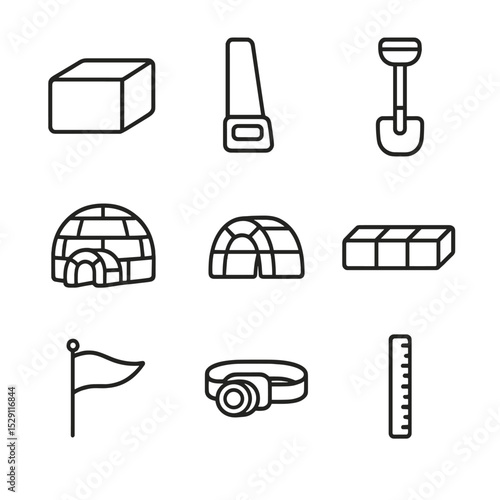 Igloo Building Tools. Outline icon set of igloo building tools: block of snow, snow saw, shovel, igloo dome, doorway tunnel, snow