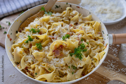 Traditional pasta alla carbonara fresh and homemade cooked