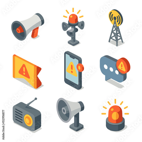 Public Warning Icons. Isometric Flat icon set of public warning and communication: megaphone, siren tower, broadcast antenna,