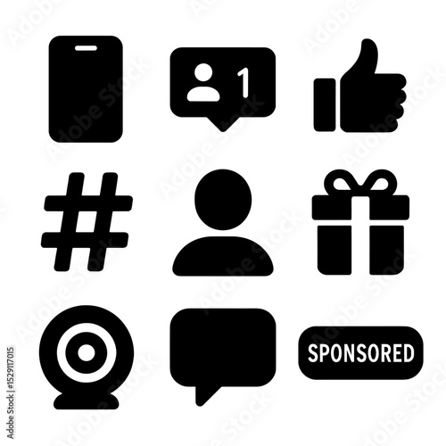 Influencer Icon Set. Solid, Filled icon set of influencer marketing: smartphone, follower count, thumbs up, hashtag, profile