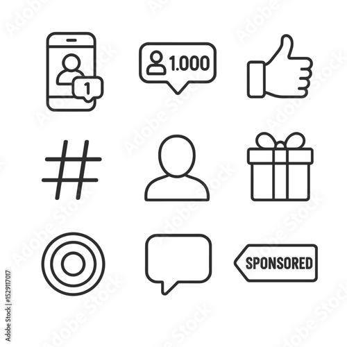 Influencer Marketing Icons. Outline icon set of influencer marketing: smartphone, follower count, thumbs up, hashtag, profile