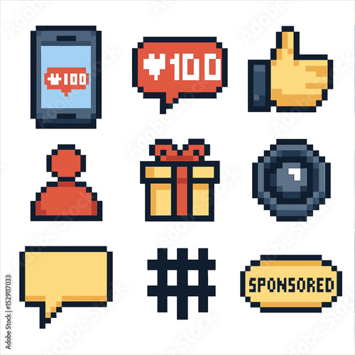 Influencer Marketing Icons. Pixel art icon set of influencer marketing: smartphone, follower count, thumbs up, hashtag, profile