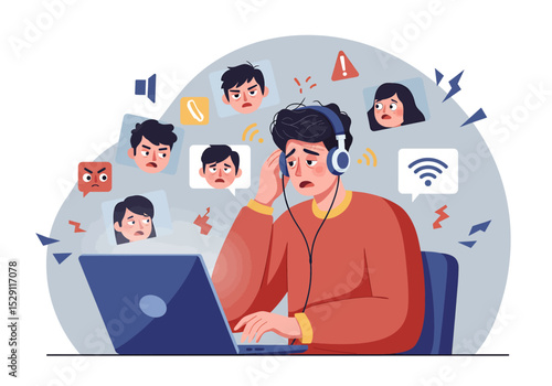 A vector illustration portraying the stress and frustration of a problematic online business meeting or video conference call, full of technical issues