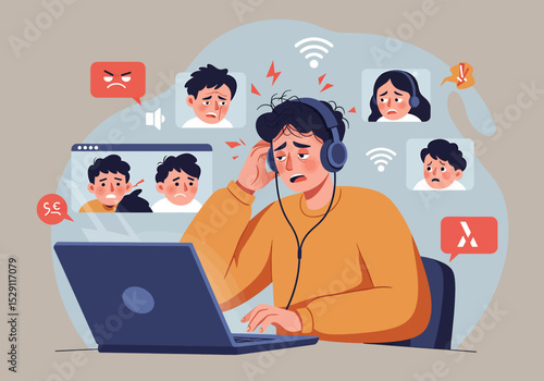 A vector illustration portraying the stress and frustration of a problematic online business meeting or video conference call, full of technical issues