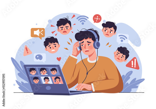 A vector illustration portraying the stress and frustration of a problematic online business meeting or video conference call, full of technical issues