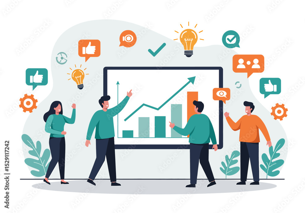 Collaborative flat vector illustration: A diverse team of professionals analyzes a rising financial graph on a large screen, surrounded by lightbulbs and gears, symbolizing successful business strateg Collaborative flat vector illustration: A diverse team of professionals analyzes a rising financial graph on a large screen, surrounded by lightbulbs and gears, symbolizing successful business strateg
