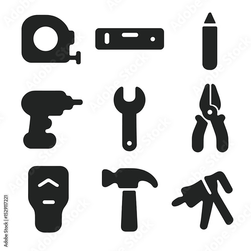 Installation Tools Icons. Solid, Filled icon set of installation tools: tape measure, spirit level, pencil, drill, wrench, pliers,