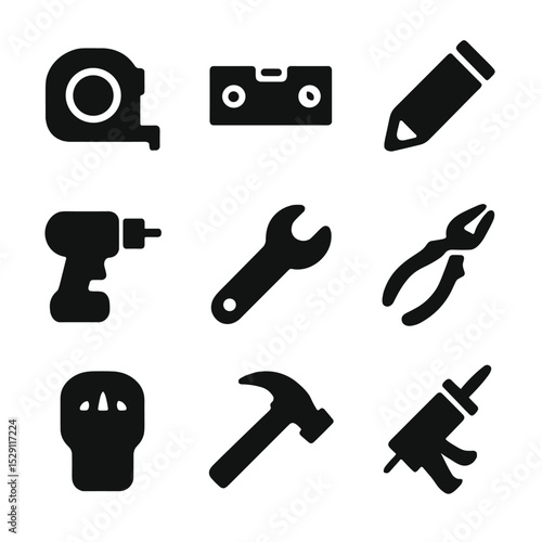 Installation Tools Icons. Solid, Filled icon set of installation tools: tape measure, spirit level, pencil, drill, wrench, pliers,
