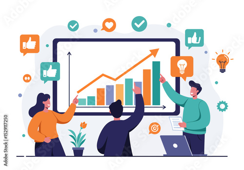 Collaborative flat vector illustration: A diverse team of professionals analyzes a rising financial graph on a large screen, surrounded by lightbulbs and gears, symbolizing successful business strateg