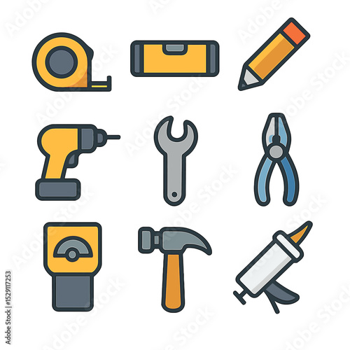 Installation Tools Icons. Flat icon set of installation tools: tape measure, spirit level, pencil, drill, wrench, pliers, stud