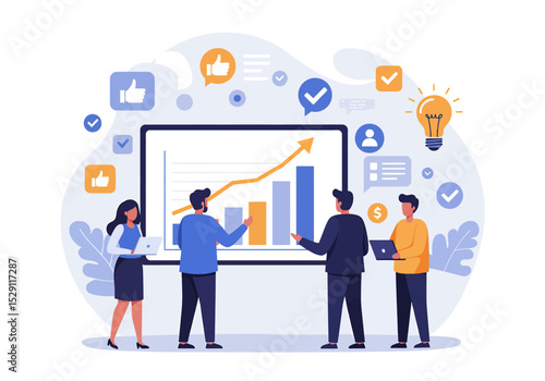 Collaborative flat vector illustration: A diverse team of professionals analyzes a rising financial graph on a large screen, surrounded by lightbulbs and gears, symbolizing successful business strateg