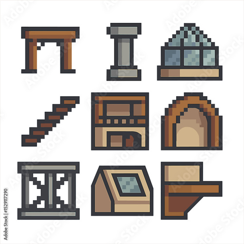 Interior Icon Set. Pixel art icon set of interior structural highlights: exposed beam, concrete column, glass atrium, floating
