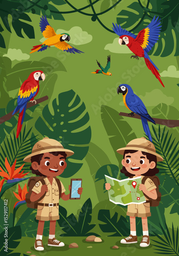 Adventurous flat vector illustration: Two children in safari gear explore a vibrant jungle, one with a smartphone and the other a map, surrounded by colorful parrots and lush foliage