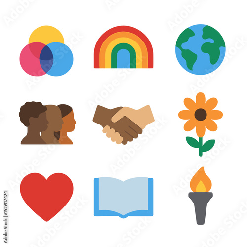 Intersectional Activism Icons. Flat icon set of intersectional activism: overlapping circles, rainbow, globe, diverse silhouettes,