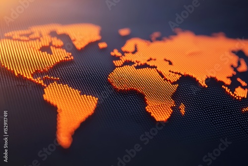 Fototapeta Naklejka Na Ścianę i Meble -  A digital representation of a world map with highlighted continents in glowing orange dots on a dark background.