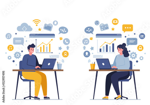 Dynamic flat vector illustration: Two professionals independently work on laptops, showcasing online task management, communication, and financial growth with charts and speech bubbles