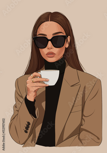 Elegant flat vector illustration: A stylish woman with long black hair and sunglasses holds a cup of coffee or tea, wearing a grey blazer and black turtleneck. Sophisticated and modern