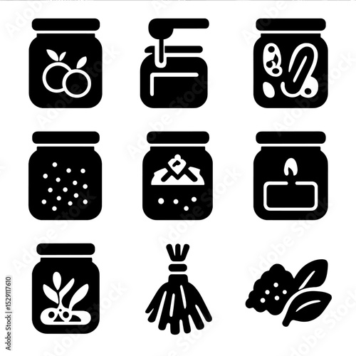 Jar Contents Icons. Solid, Filled icon set of jar contents: fruit preserves, honey drizzle, pickled vegetables, spice blend, bath