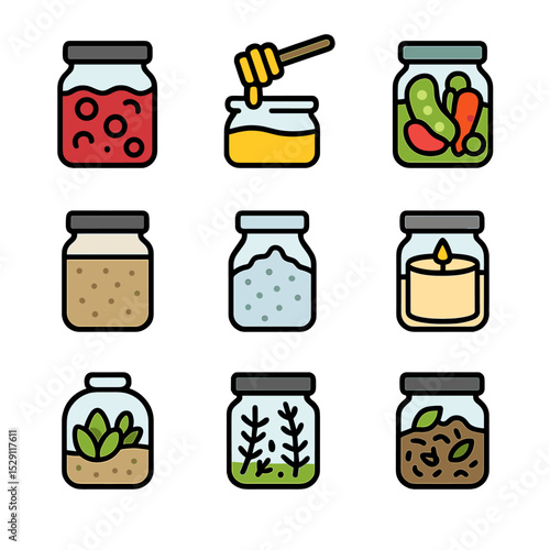 Jar Contents Icons. Flat icon set of jar contents: fruit preserves, honey drizzle, pickled vegetables, spice blend, bath salts,