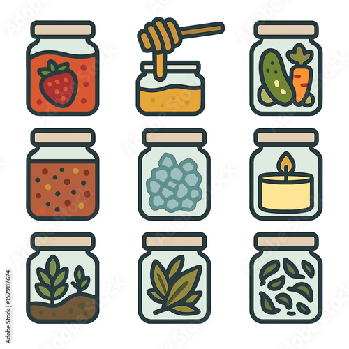 Jar Contents Icons. Flat icon set of jar contents: fruit preserves, honey drizzle, pickled vegetables, spice blend, bath salts,
