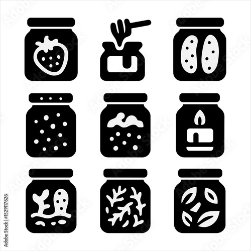 Jar Contents Icons. Solid, Filled icon set of jar contents: fruit preserves, honey drizzle, pickled vegetables, spice blend, bath