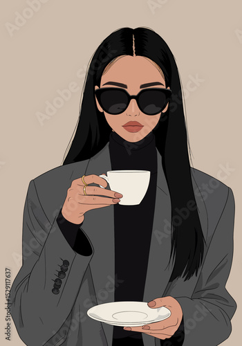 Elegant flat vector illustration: A stylish woman with long black hair and sunglasses holds a cup of coffee or tea, wearing a grey blazer and black turtleneck. Sophisticated and modern