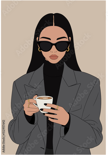 Elegant flat vector illustration: A stylish woman with long black hair and sunglasses holds a cup of coffee or tea, wearing a grey blazer and black turtleneck. Sophisticated and modern