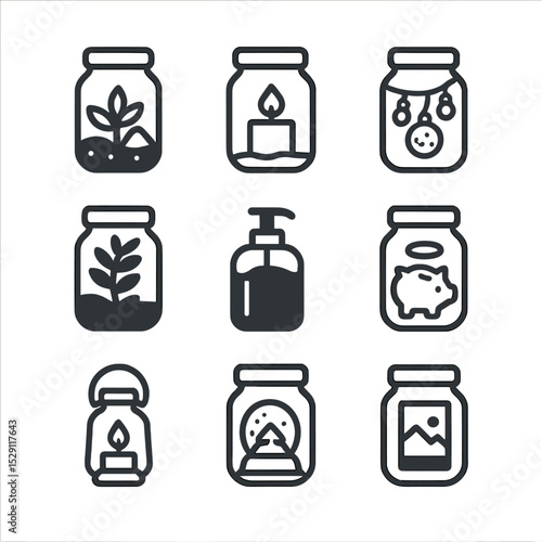 Jar Crafts Icons Grid. Flat icon set of jar crafts: miniature terrarium, candle holder, fairy lights jar, snow globe, herb planter