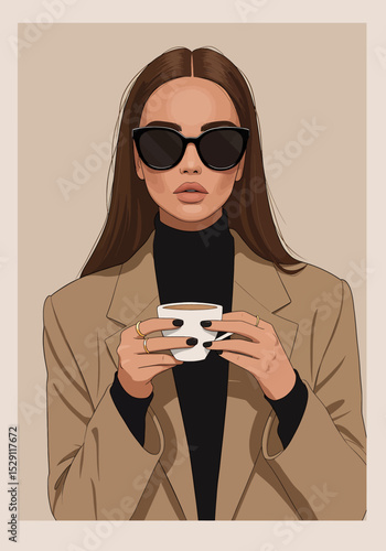 Elegant flat vector illustration: A stylish woman with long black hair and sunglasses holds a cup of coffee or tea, wearing a grey blazer and black turtleneck. Sophisticated and modern