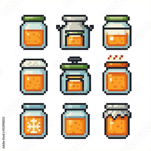 Jar Sealing Icons. Pixel art icon set of jar sealing methods: vacuum seal, water-bath seal, oil seal, sugar seal, pressure canning