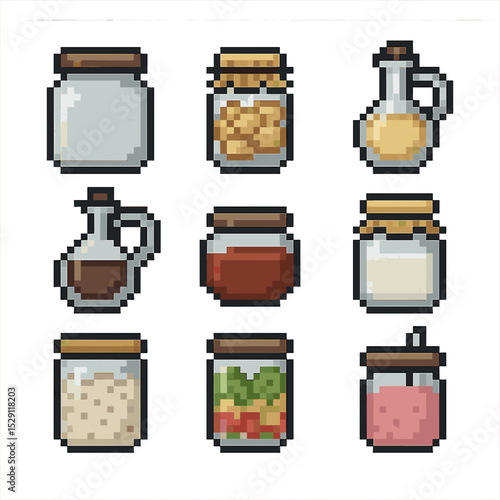 Kitchen Jar Icon Set. Pixel art icon set of kitchen jar uses: storage jar, fermenting jar, oil cruet, vinegar jar, sauce jar,