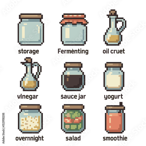 Kitchen Jar Icon Set. Pixel art icon set of kitchen jar uses: storage jar, fermenting jar, oil cruet, vinegar jar, sauce jar,