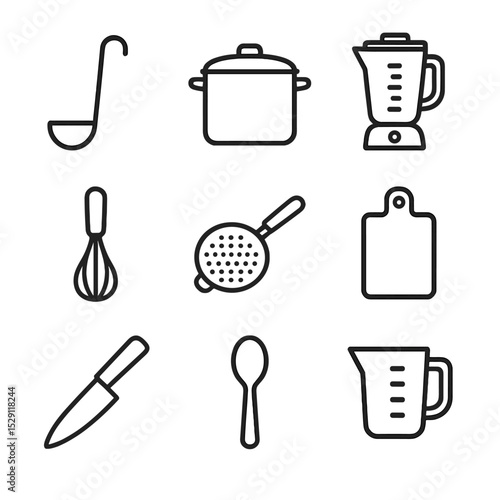 Kitchen Utensils Icons. Outline icon set of kitchen utensils: ladle, soup pot, blender, whisk, strainer, chopping board, chef’s