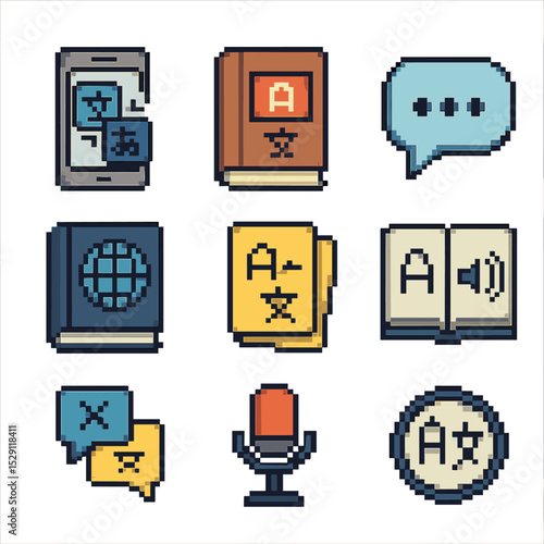 Language Tool Icons. Pixel art icon set of language and communication tools: translation app, phrasebook, speech bubble,