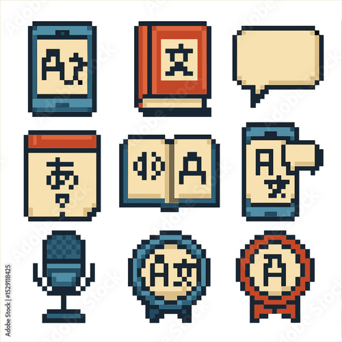 Language Tool Icons. Pixel art icon set of language and communication tools: translation app, phrasebook, speech bubble,