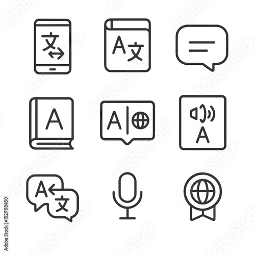 Language Tool Icons. Outline icon set of language and communication tools: translation app, phrasebook, speech bubble, dictionary