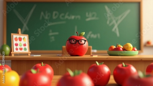 Apple teacher with glasses in front of a blackboard with other apples around