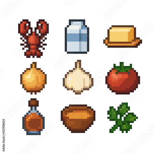 Lobster Bisque Ingredients. Pixel art icon set of lobster bisque ingredients: lobster, cream, butter, onion, garlic, tomato,