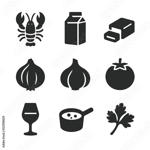 Lobster Bisque Ingredients. Solid, Filled icon set of lobster bisque ingredients: lobster, cream, butter, onion, garlic, tomato,