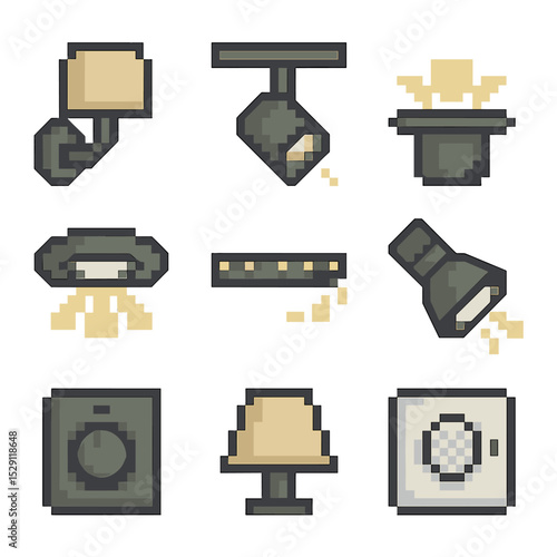 Lighting Icons Grid. Pixel art icon set of accent lighting: wall sconce, track light, uplight, downlight, LED strip, spotlight,