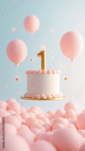 Celebratory first birthday cake with balloons and pink cotton candy clouds
