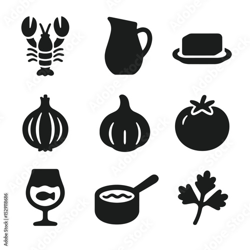 Lobster Bisque Ingredients. Solid, Filled icon set of lobster bisque ingredients: lobster, cream, butter, onion, garlic, tomato,