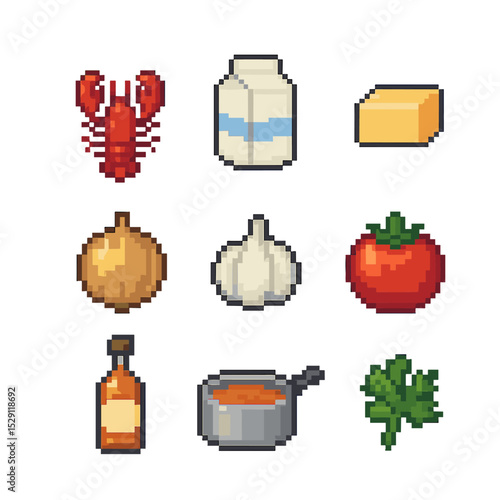 Lobster Bisque Ingredients. Pixel art icon set of lobster bisque ingredients: lobster, cream, butter, onion, garlic, tomato,