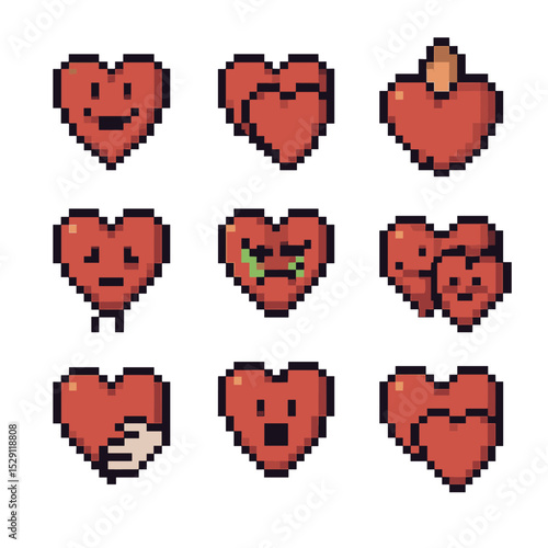 Love Emotion Icons. Pixel art icon set of love emotions: happiness, affection, passion, longing, jealousy, comfort, trust,