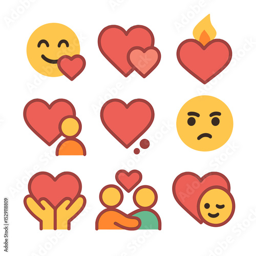 Love Emotions Icons. Flat icon set of love emotions: happiness, affection, passion, longing, jealousy, comfort, trust, excitement,