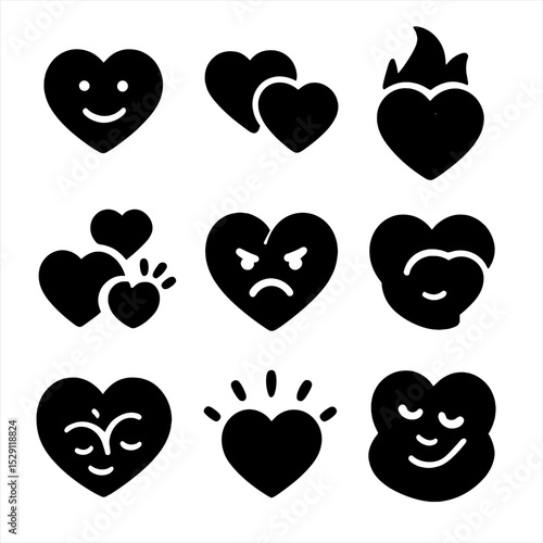 Love Emotions Icon Grid. Solid, Filled icon set of love emotions: happiness, affection, passion, longing, jealousy, comfort, trust