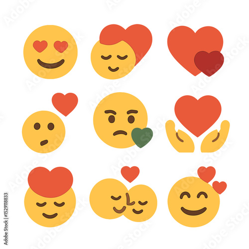 Love Emotions Icons. Flat icon set of love emotions: happiness, affection, passion, longing, jealousy, comfort, trust, excitement,